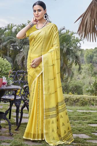 Sangam prints yellow cotton woven work party wear  saree