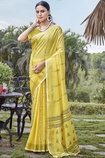 Sangam prints yellow cotton woven work party wear  saree