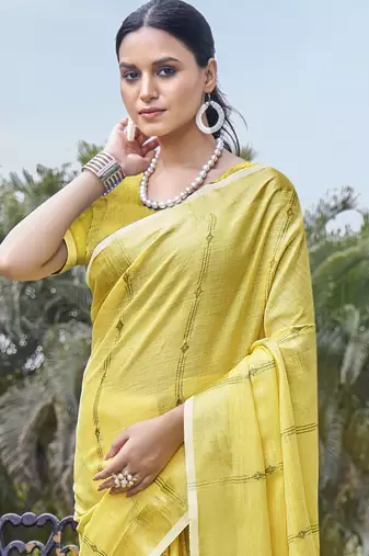Sangam prints yellow cotton woven work party wear  saree