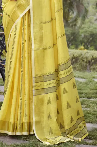 Sangam prints yellow cotton woven work party wear  saree