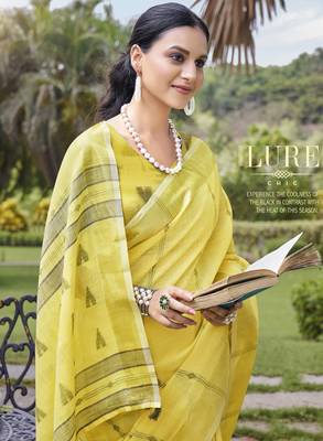 Sangam prints yellow cotton woven work party wear  saree 4