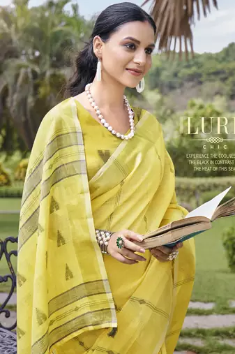 Sangam prints yellow cotton woven work party wear  saree
