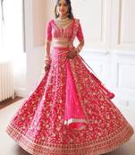 Pink Zari And Sequins Embroidered Malai Satin Silk Semi Stitched Lehenga Choli