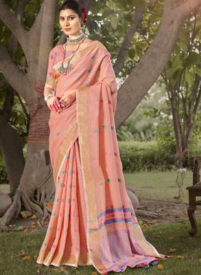 Sangam prints pink cotton woven work party wear  saree 1