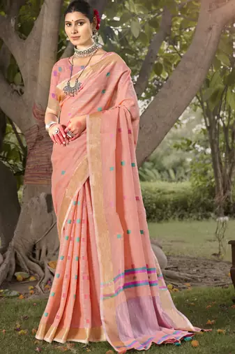 Sangam prints pink cotton woven work party wear  saree
