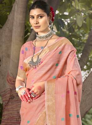 Sangam prints pink cotton woven work party wear  saree 2