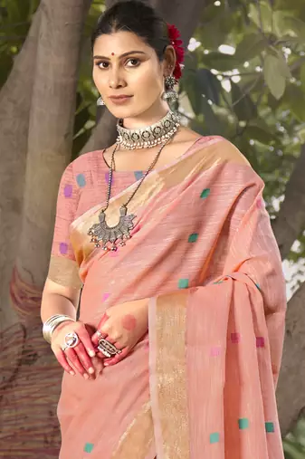 Sangam prints pink cotton woven work party wear  saree