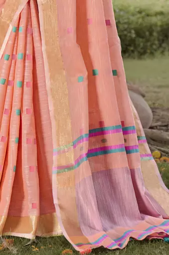 Sangam prints pink cotton woven work party wear  saree