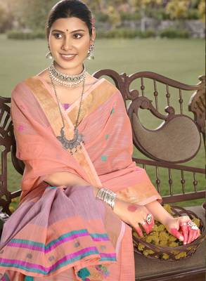Sangam prints pink cotton woven work party wear  saree 4