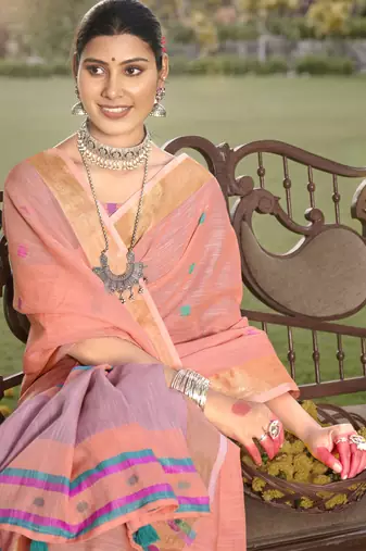 Sangam prints pink cotton woven work party wear  saree