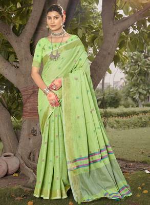 Sangam prints green  cotton woven work party wear  saree 1