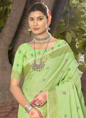 Sangam prints green  cotton woven work party wear  saree 2