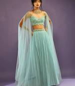 Glamorous Turquoise Crush Work, Sequins, Zari with Dori Embroidered Faux Georgette Semi Stitched Lehenga Choli