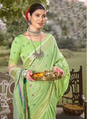 Sangam prints green  cotton woven work party wear  saree 4