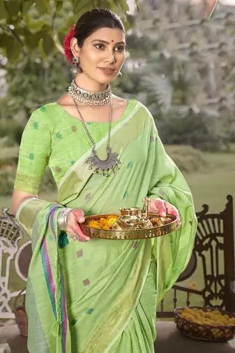 Sangam prints green  cotton woven work party wear  saree