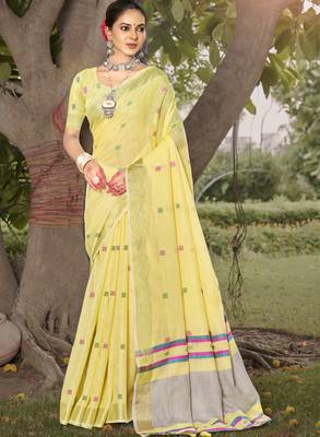 Sangam prints yellow cotton woven work party wear  saree 1