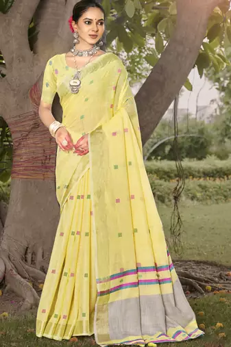 Sangam prints yellow cotton woven work party wear  saree