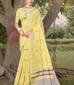 Sangam prints yellow cotton woven work party wear  saree
