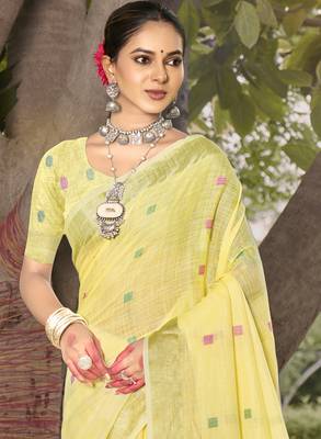 Sangam prints yellow cotton woven work party wear  saree 2