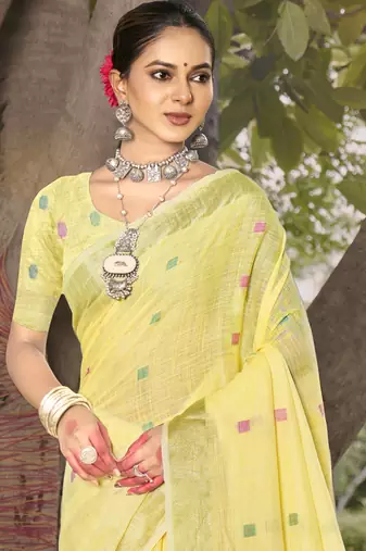 Sangam prints yellow cotton woven work party wear  saree