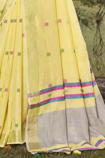 Sangam prints yellow cotton woven work party wear  saree