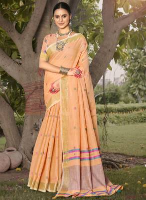 Sangam prints peach  cotton woven work party wear  saree 1