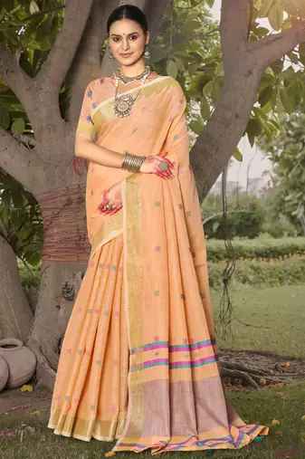 Sangam prints peach  cotton woven work party wear  saree