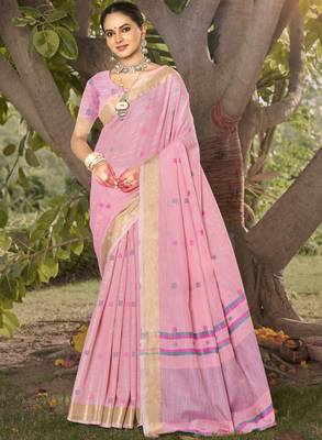 Sangam prints light pink cotton woven work party wear  saree 1