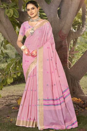 Sangam prints light pink cotton woven work party wear  saree