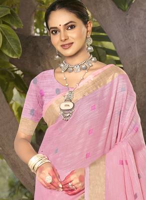 Sangam prints light pink cotton woven work party wear  saree 2