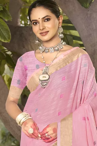 Sangam prints light pink cotton woven work party wear  saree