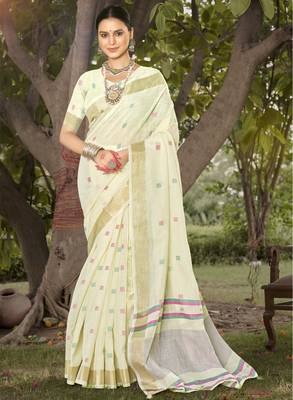 Sangam prints off white cotton woven work party wear  saree 1