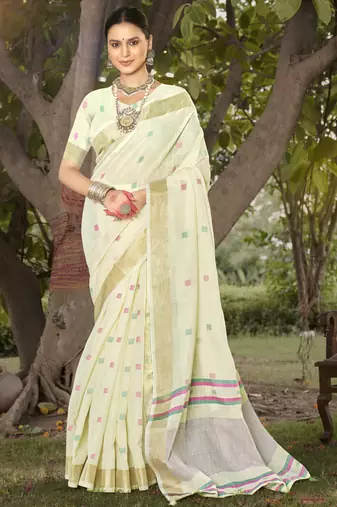 Sangam prints off white cotton woven work party wear  saree