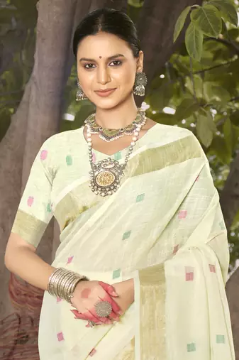 Sangam prints off white cotton woven work party wear  saree