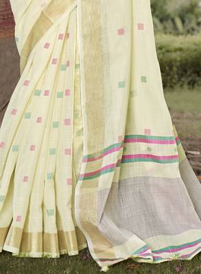 Sangam prints off white cotton woven work party wear  saree 3
