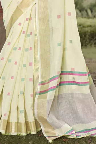 Sangam prints off white cotton woven work party wear  saree