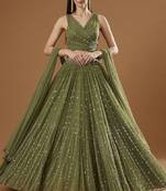 Glamorous Olive Green Zari And Thread Embroidered Georgette Semi Stitcheed Lehenga Choli