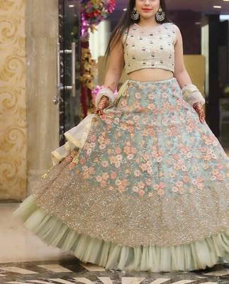 Sea Green 3Mm with Thread And Jari Embroidery Net Semi Stitched Designer Lehenga Choli 3