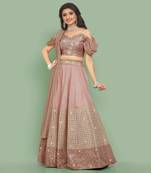 Peach Dori with Zari Thread Sequin Embroidery Cotton Silk Semi Stitched Lehenga Choli with Dupatta