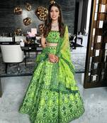 Green 3Mm Sequin Jari Embroidered Malai Satin Silk Semi Stitched Lehenga Choli