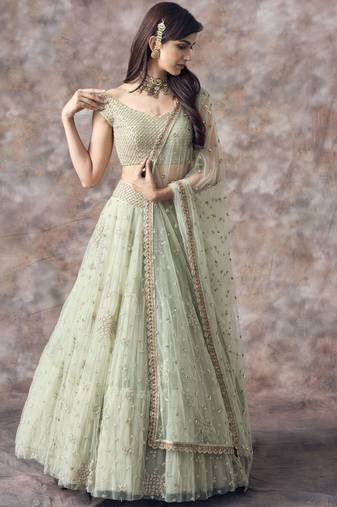 Catching Aqua Green 3Mm Sequin Embroidered Net Semi Stitched Lehenga Choli