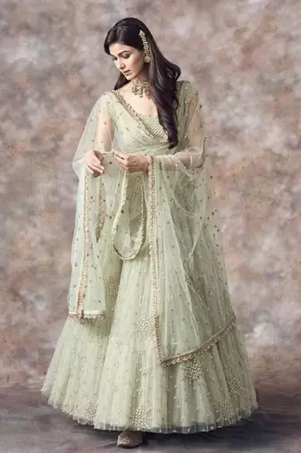 Catching Aqua Green 3Mm Sequin Embroidered Net Semi Stitched Lehenga Choli