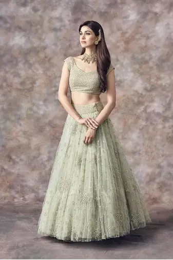 Catching Aqua Green 3Mm Sequin Embroidered Net Semi Stitched Lehenga Choli