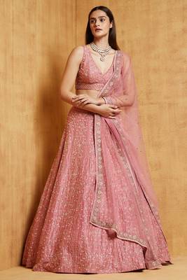Peach Cording Dori with Zari Thread Sequin Embroidery Malai Satin Silk Semi Stitched Lehenga Choli with Dupatta 1