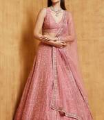 Peach Cording Dori with Zari Thread Sequin Embroidery Malai Satin Silk Semi Stitched Lehenga Choli with Dupatta