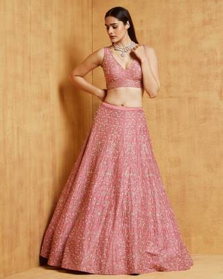 Peach Cording Dori with Zari Thread Sequin Embroidery Malai Satin Silk Semi Stitched Lehenga Choli with Dupatta 2