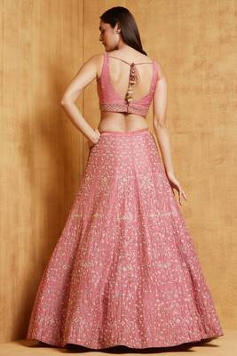Peach Cording Dori with Zari Thread Sequin Embroidery Malai Satin Silk Semi Stitched Lehenga Choli with Dupatta 4