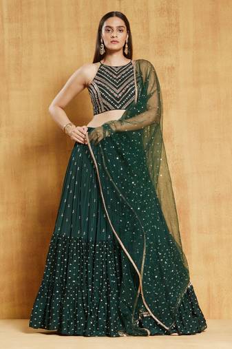 Bottle Green Sequin Embroidery Georgette Designer Lehenga Choli with Dupatta