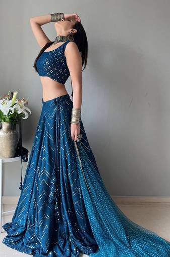 Blue Thread Embroidery Georgette Designer Lehenga Choli with Dupatta