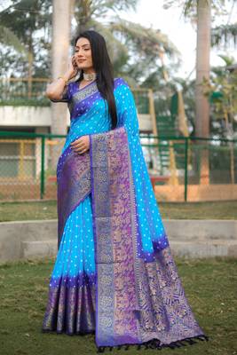 Koram Blue Bandhej kanjivaram silk blendBandhej With Kanjivaram Border With Zari Weaving Saree With Blouse For Women 1